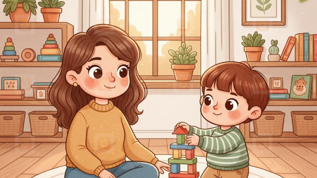 أمّ وطفلها يبنيان برجًا بالمكعبات في بيئة مونتيسوري